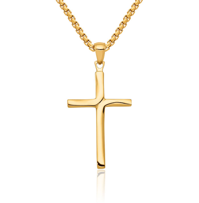 10K Solid Yellow Gold Stick Latin Mexican Holy Cross Necklace Religious Chain Pendant Jesus Christ Charm