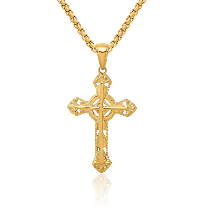 10K Solid Yellow Gold Stick Holy Cross Ornate Necklace Religious Chain Pendant Jesus Christ Charm