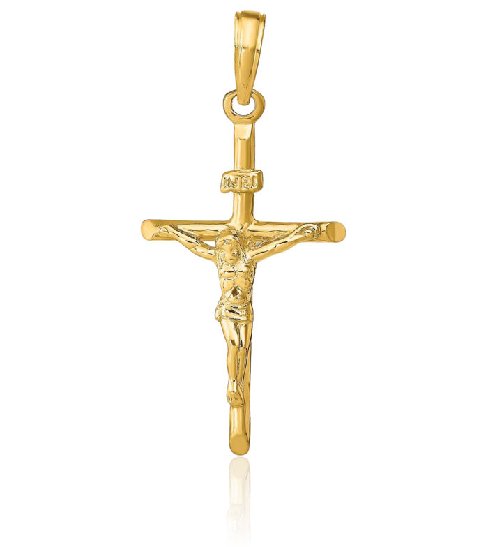 10K Yellow Gold Stick Lord Jesus Christ Crucifix Holy Cross Necklace