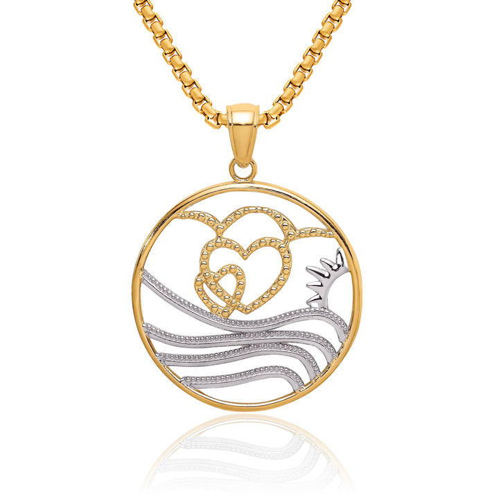 10K Solid Yellow Gold Sun Heart Water Circle Round Necklace Chain Pendant Charm