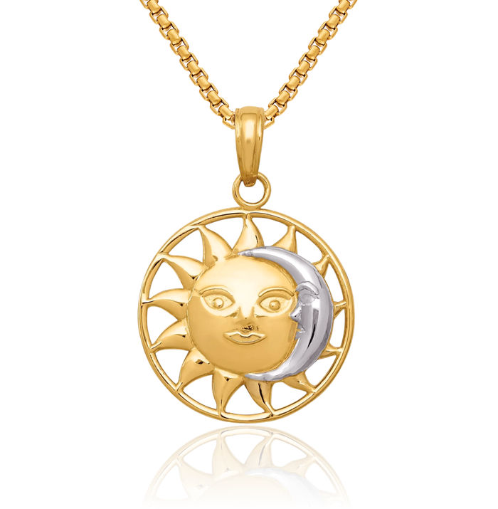 10K Solid Yellow Gold Sun Crescent Moon Necklace Chain Pendant Charm Celestial Jewelry