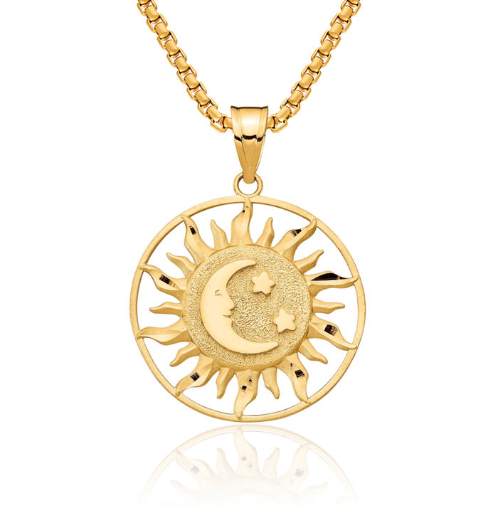 10K Solid Yellow Gold Sun Crescent Moon Star Necklace Chain Pendant Charm Celestial Jewelry