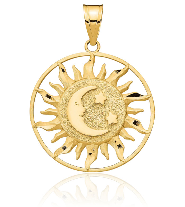 10K Solid Yellow Gold Sun Crescent Moon Star Necklace Chain Pendant Charm Celestial Jewelry