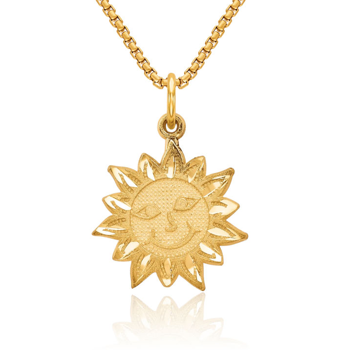 10K Solid Yellow Gold Sun Necklace Sunshine Pendant Sunburst Charm Celestial Jewelry