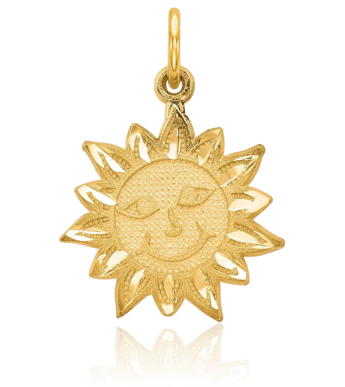 10K Solid Yellow Gold Sun Necklace Sunshine Pendant Sunburst Charm Celestial Jewelry