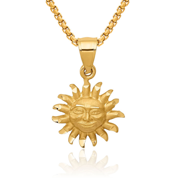 10K Solid Yellow Gold Sun Necklace Sunshine Pendant Sunburst Charm Celestial Jewelry