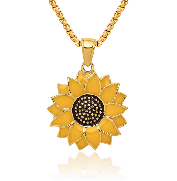 10K Solid Yellow Gold Sunflower Necklace Daisy Pendant Sunshine Summer Flowers Charm