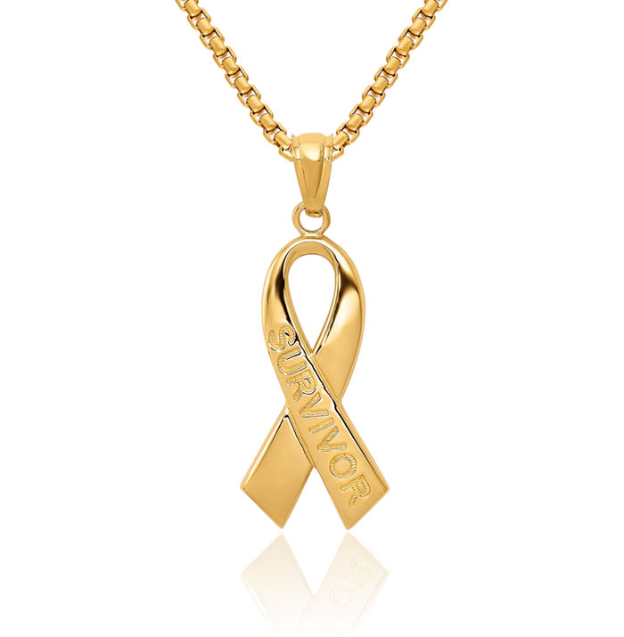 10K Solid Yellow Gold Survivor Cancer Awareness Ribbon Necklace Chain Pendant Charm