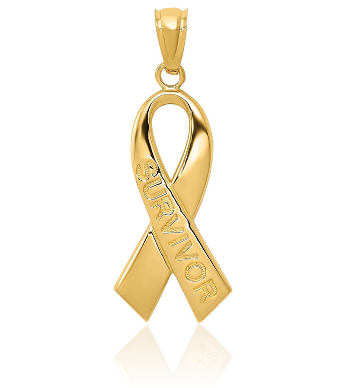 10K Solid Yellow Gold Survivor Cancer Awareness Ribbon Necklace Chain Pendant Charm