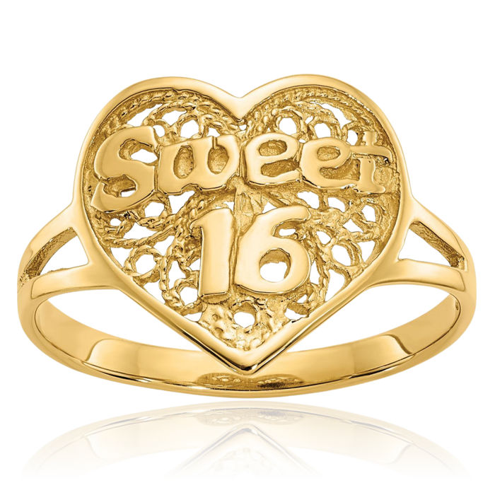 10K Solid Yellow Gold Sweet 16 Years Old Birthday Heart Ring Love Band