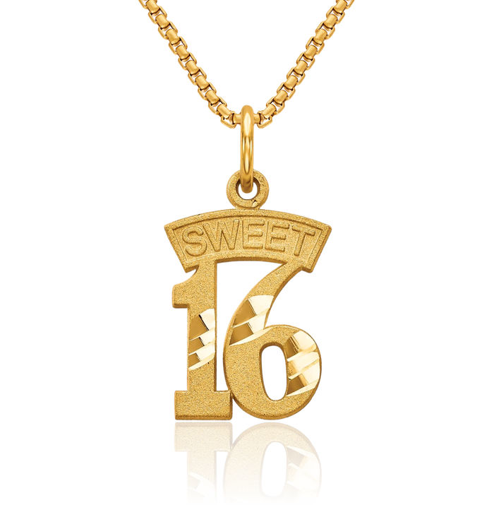 10K Solid Yellow Gold Sweet 16 Years Old Birthday Necklace Chain Pendant Charm