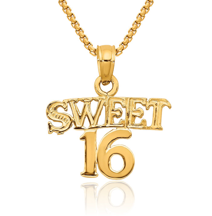 10K Solid Yellow Gold Sweet 16 Years Old Birthday Necklace Chain Pendant Charm