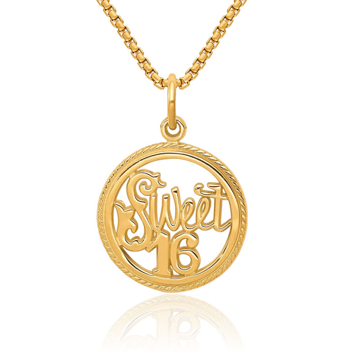 10K Solid Yellow Gold Sweet 16 Years Old Birthday Necklace Chain Pendant Charm