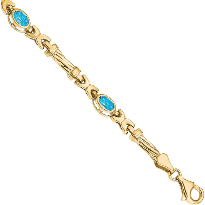 10K Solid Yellow Gold Swiss Blue Topaz 4 Stone Chain Gemstone Tennis Bracelet