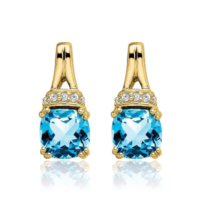 10K Solid Yellow Gold Swiss Blue Topaz Diamond Drop Dangle Earrings Gemstone Post Push Back December Birthstone Jewelry