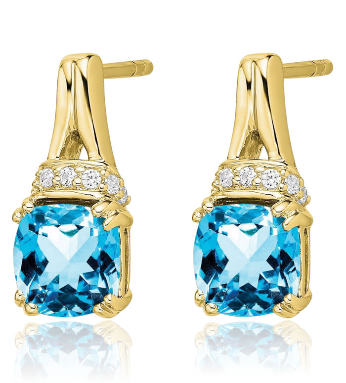 10K Solid Yellow Gold Swiss Blue Topaz Diamond Drop Dangle Earrings Gemstone Post Push Back December Birthstone Jewelry