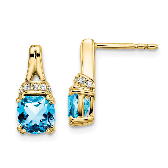 10K Solid Yellow Gold Swiss Blue Topaz Diamond Drop Dangle Earrings Gemstone Post Push Back December Birthstone Jewelry