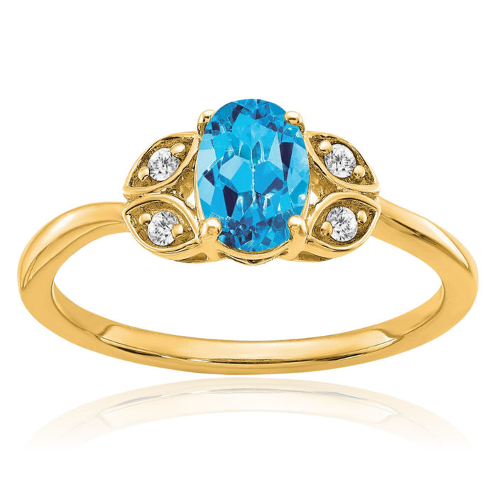 10K Solid Yellow Gold Swiss Blue Topaz Diamond Ring Gemstone Band