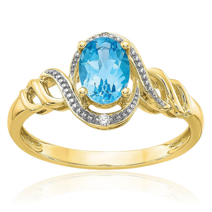 10K Solid Yellow Gold Swiss Blue Topaz Diamond Ring Gemstone Band December Birthstone Jewelry