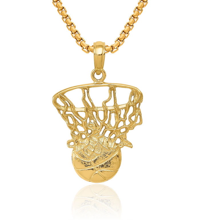 10K Solid Yellow Gold Swoosh Basketball Hoop Net Necklace Charm Sports Pendant