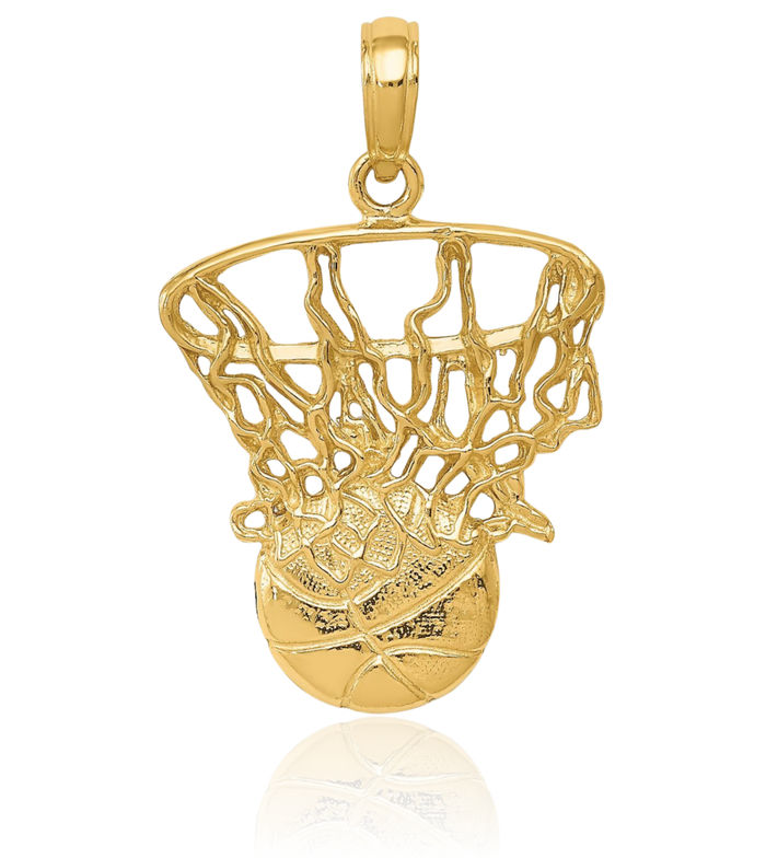 10K Solid Yellow Gold Swoosh Basketball Hoop Net Necklace Charm Sports Pendant