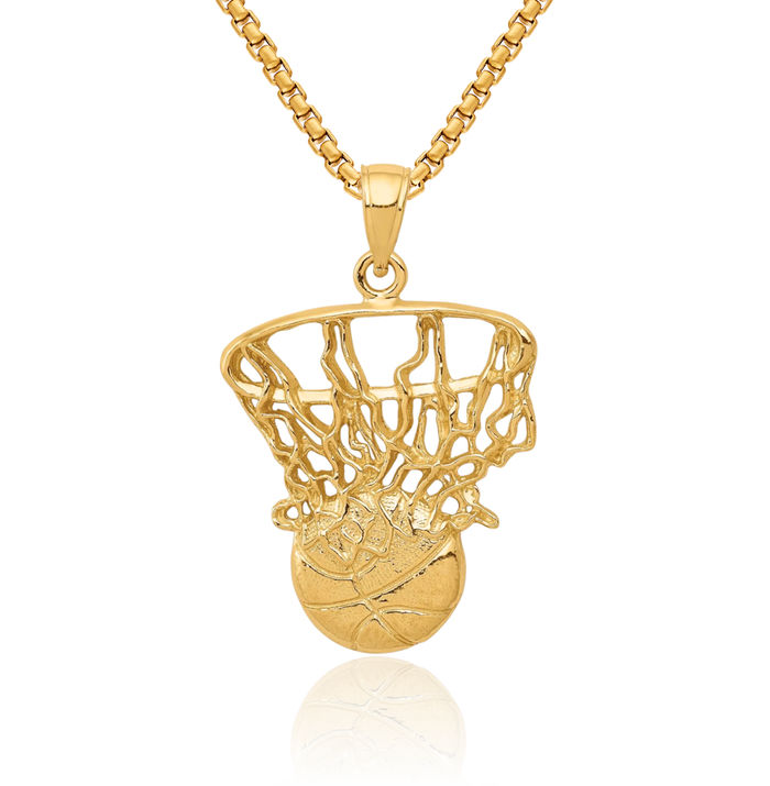 10K Solid Yellow Gold Swoosh Basketball Hoop Net Necklace Charm Sports Pendant