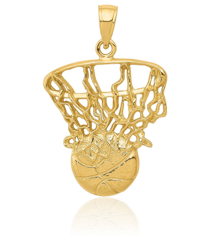 10K Solid Yellow Gold Swoosh Basketball Hoop Net Necklace Charm Sports Pendant