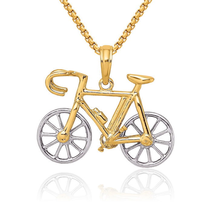 10K Solid Yellow Gold Ten Speed Bicycle Bike Necklace Chain Pendant Charm