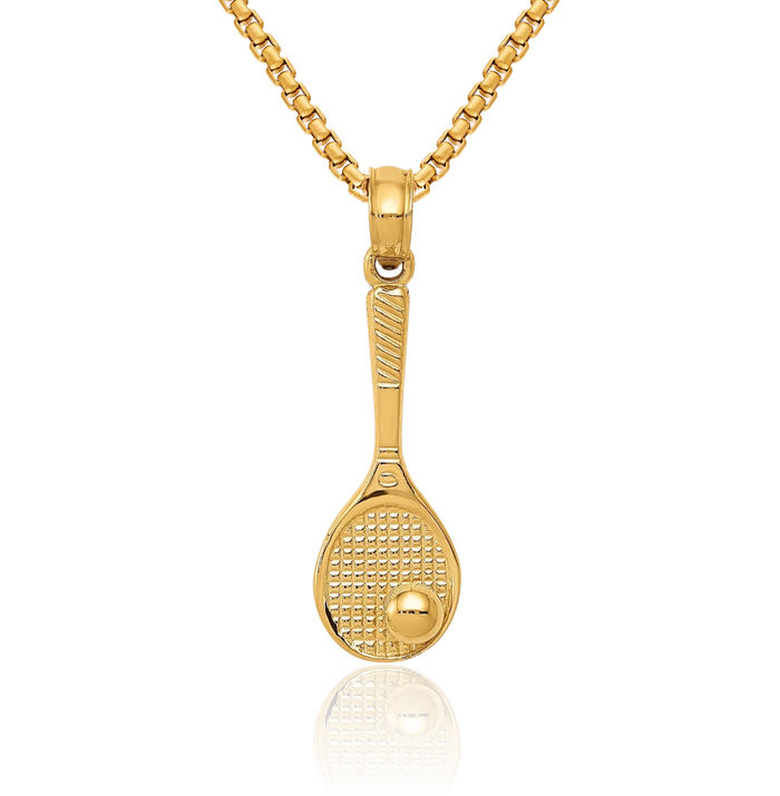 10K Solid Yellow Gold Tennis Racquet Ball Necklace Charm Sports Pendant