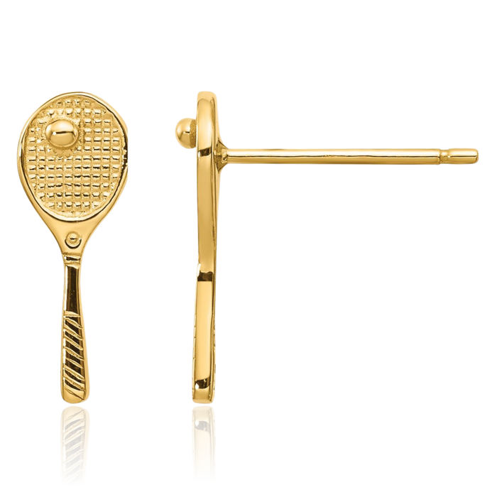 10K Solid Yellow Gold Tennis Racquet Ball Stud Earrings