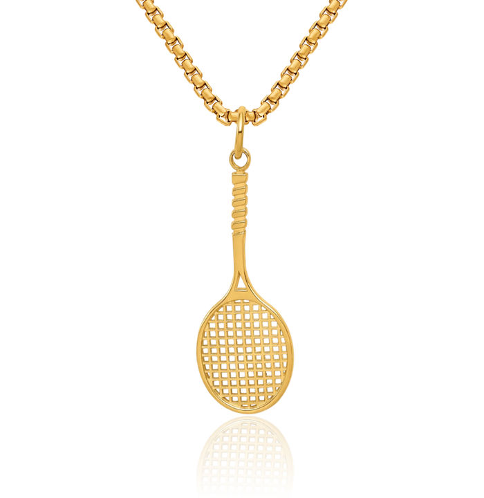 10K Solid Yellow Gold Tennis Racquet Necklace Charm Sports Pendant