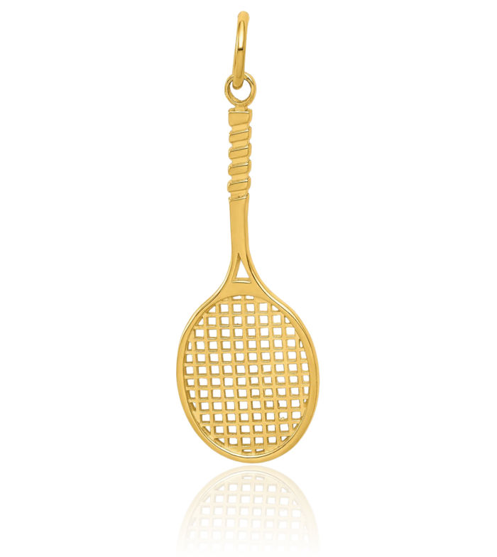 10K Solid Yellow Gold Tennis Racquet Necklace Charm Sports Pendant