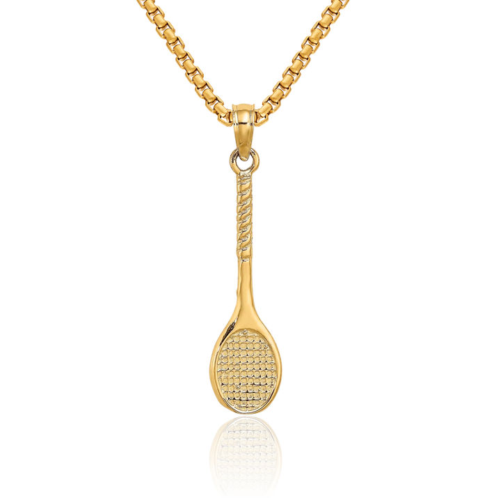 10K Solid Yellow Gold Tennis Racquet Necklace Charm Sports Pendant