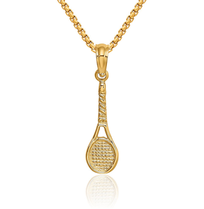 10K Solid Yellow Gold Tennis Racquet Necklace Charm Sports Pendant