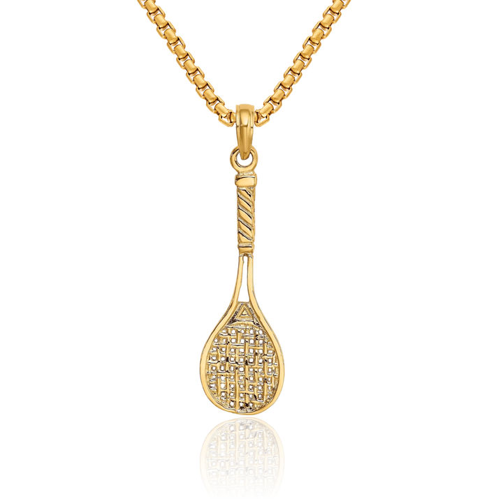 10K Solid Yellow Gold Tennis Racquet Necklace Charm Sports Pendant