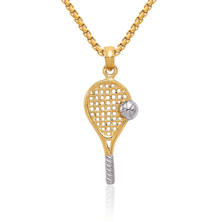 10K Solid Yellow Gold Tennis Racquet Necklace Charm Sports Pendant
