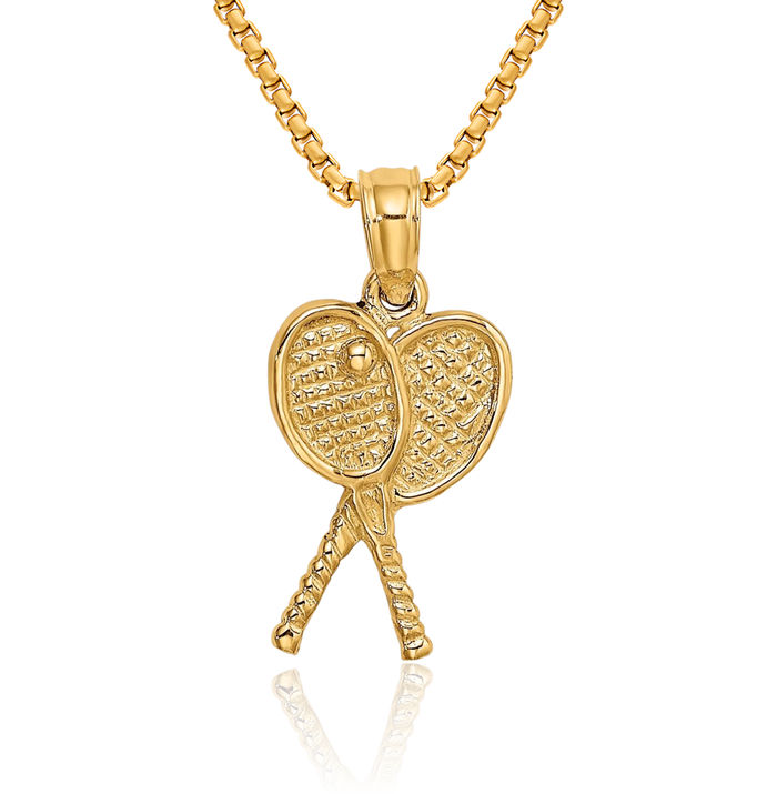 10K Solid Yellow Gold Tennis Racquets Necklace Charm Sports Pendant