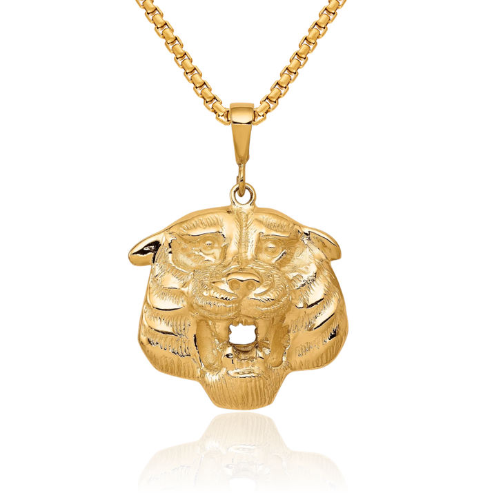 10K Solid Yellow Gold Tiger Head Necklace Chain Pendant Charm