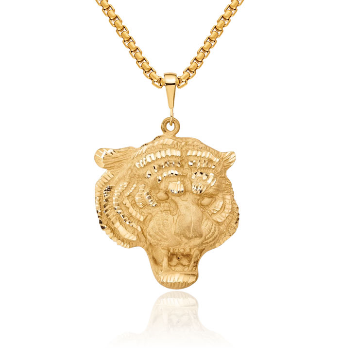 10K Solid Yellow Gold Tigers Head Necklace Chain Pendant Charm