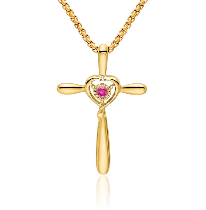 10K Solid Yellow Gold Pink Tourmaline Holy Cross Heart Floating Chain Slide Gemstone Pendant Necklace Charm October Birthstone Jewelry