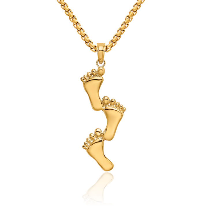 10K Solid Yellow Gold Triple Feet Necklace Chain Pendant Charm