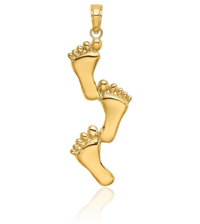 10K Solid Yellow Gold Triple Feet Necklace Chain Pendant Charm