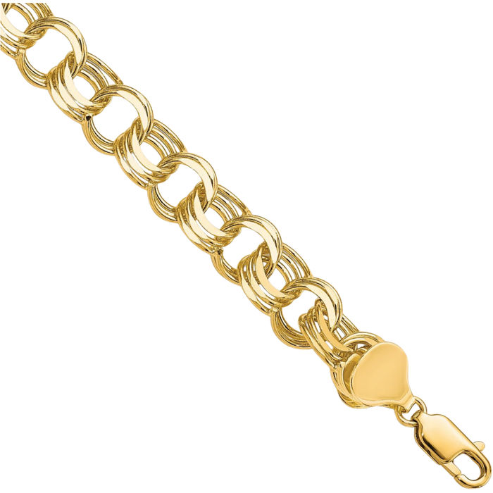 10K Solid Yellow Gold Triple Link Chain Charm Bracelet