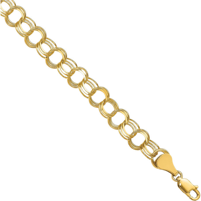 10K Solid Yellow Gold Triple Link Chain Charm Bracelet