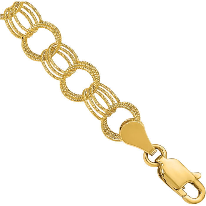 10K Solid Yellow Gold Triple Link Chain Charm Bracelet