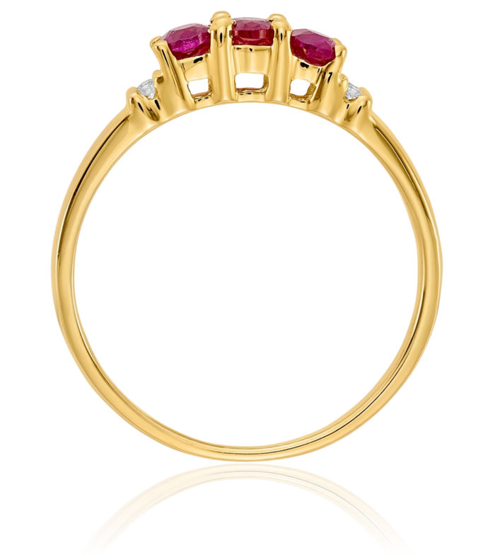 10K Solid Yellow Gold Triple Red Ruby Diamond 3 Stone Ring Gemstone Band