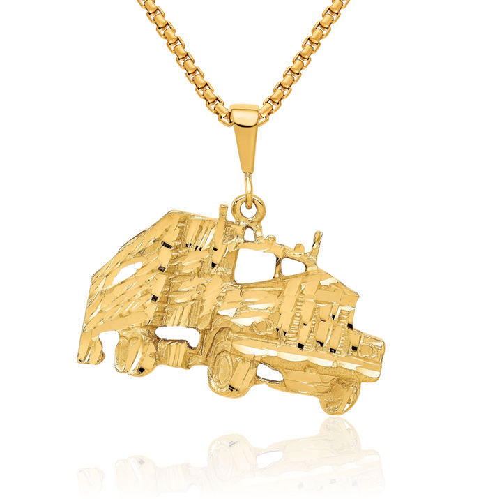 10K Solid Yellow Gold Truck Necklace Mechanic Trailer Trucker Pendant Wheeler Charm