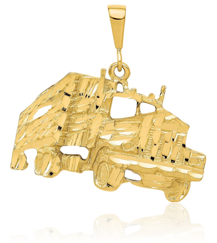 10K Solid Yellow Gold Truck Necklace Mechanic Trailer Trucker Pendant Wheeler Charm