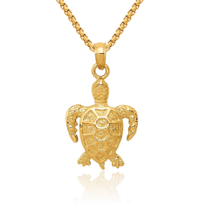 10K Solid Yellow Gold Sea Turtle Necklace Chain Pendant Charm