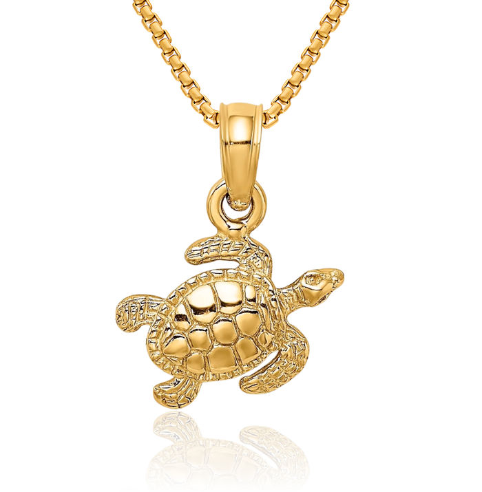 10K Solid Yellow Gold Sea Turtle Necklace Chain Pendant Charm